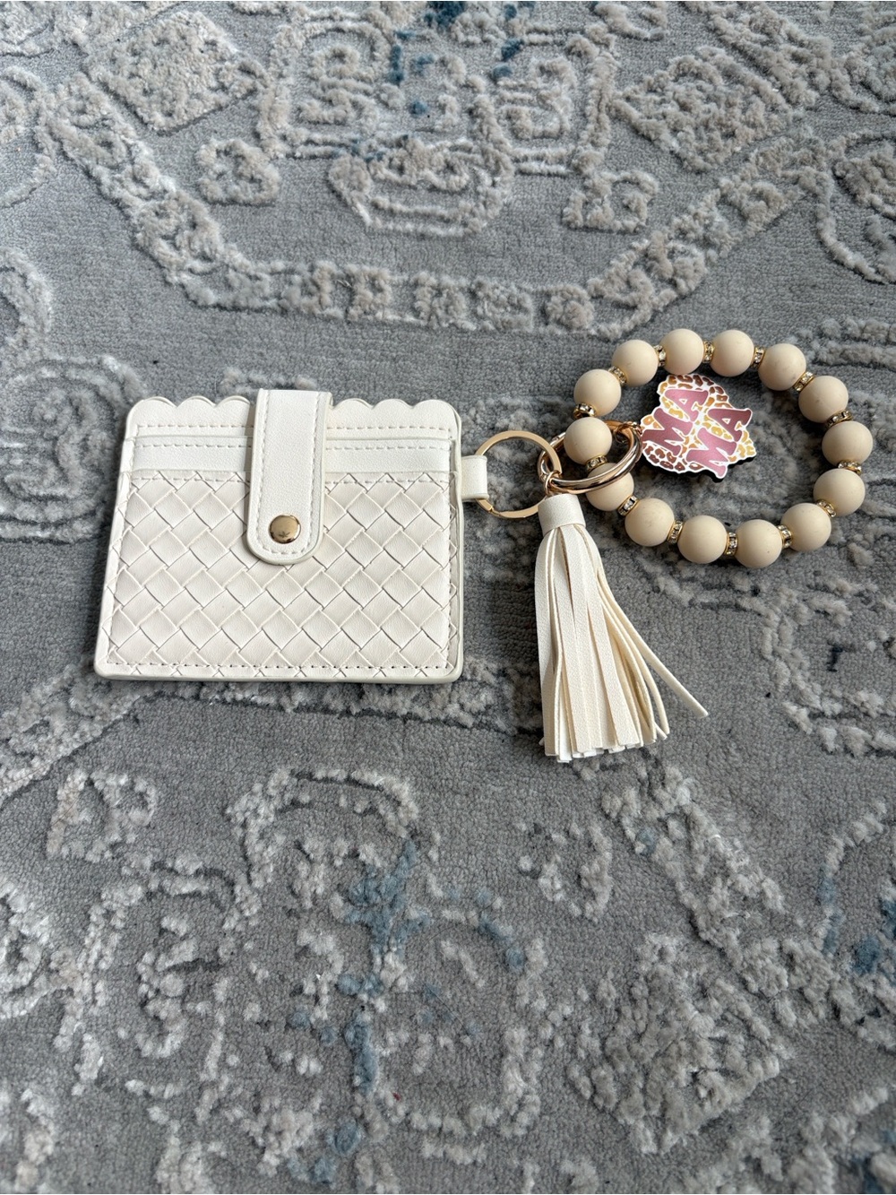 Beige Tassel Wristlet Keychain Card Holder